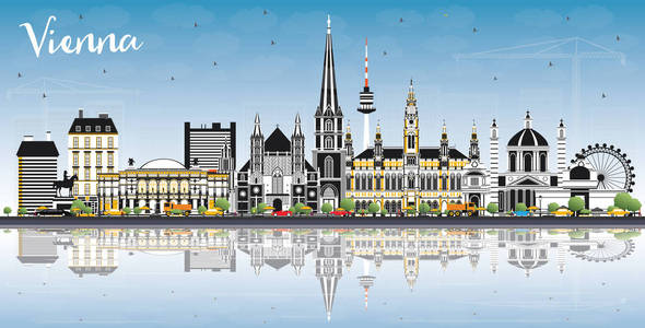 维也纳奥地利城市天际与颜色大厦, 蓝天和反射。矢量插图。商务旅游和旅游概念与历史建筑。维也纳城市景观与地标