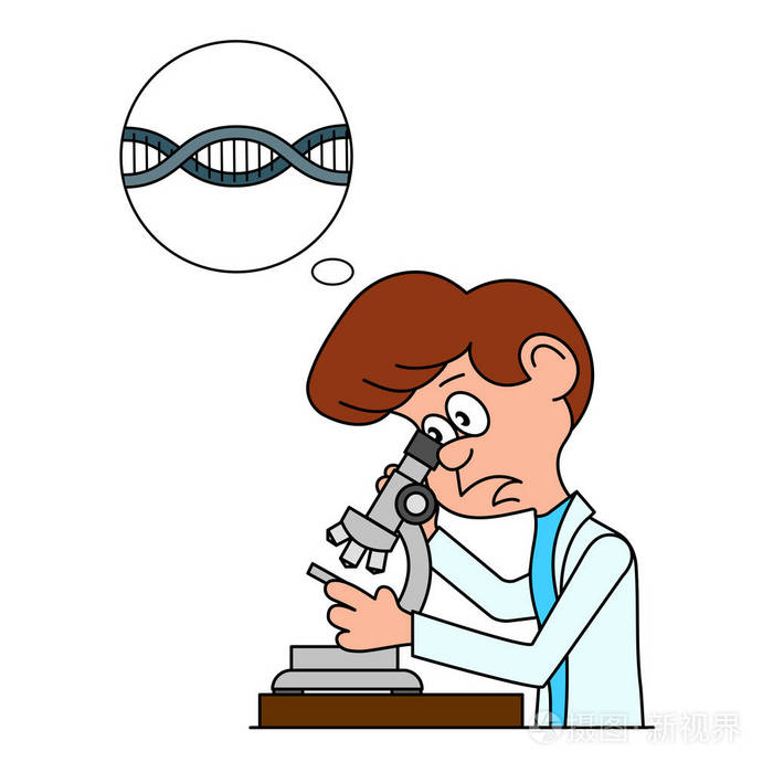 可笑的漫画生物学家在显微镜下看起来矢量图