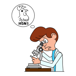 可笑的漫画,生物学家在显微镜下看起来矢量图照片