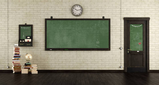 空的复古教室与黑板. 实木门和书在硬木地板3d 渲染