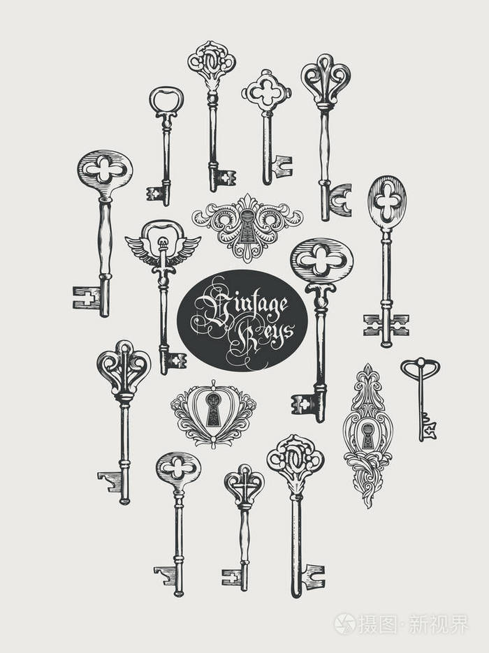 矢量横幅与复古键, 钥匙孔和刻字的复古风格.哥特式字体.手绘插图