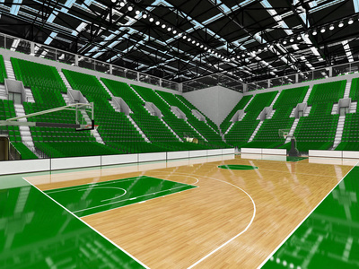 美丽的现代体育竞技场为 vip 篮球框灯和绿色座位 1 万球迷