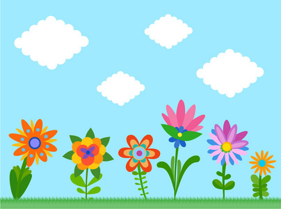 背景与天真的色彩鲜艳的花朵。夏日儿童卡通平面插图