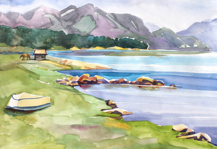 燕鸥湖山。风景水彩画的雪盖山与湖