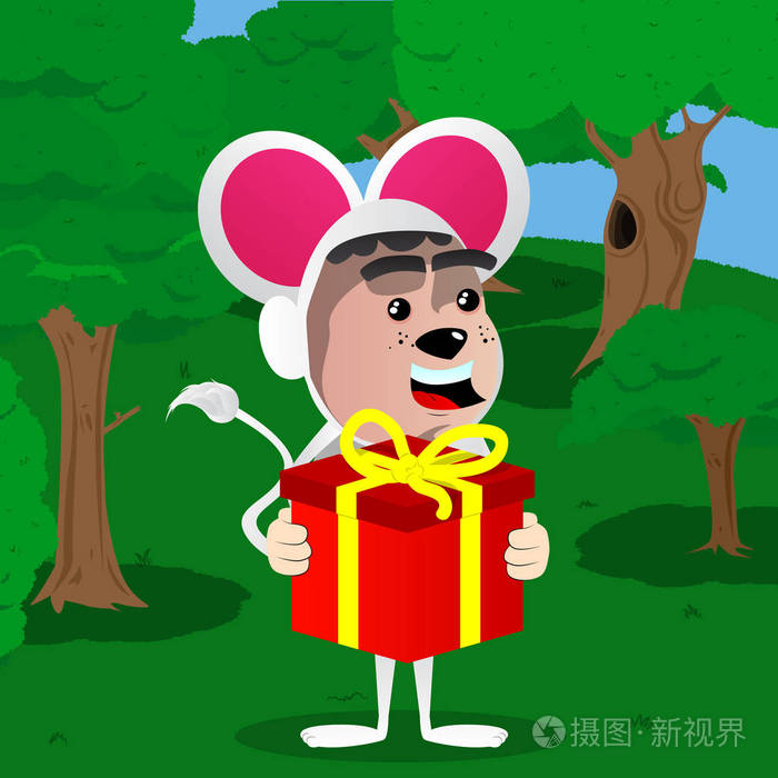 男孩装扮成老鼠拿着大礼品盒.矢量卡通人物插画