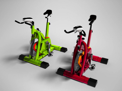 现代绿色和红色运动自行车透视3d 渲染在灰色背景与阴影