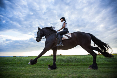 骑着黑色 friesian 马的漂亮女人