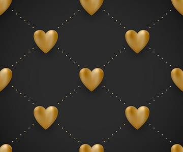 无缝模式与金的心，在情人节那天黑色的背景。矢量图