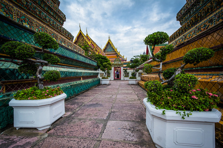 历史性的扫管笏卧佛寺佛教寺庙，在曼谷，泰国