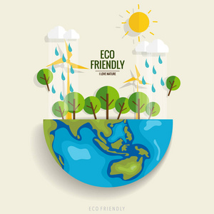 生态友好。生态理念与绿色生态地球和树木。Ve