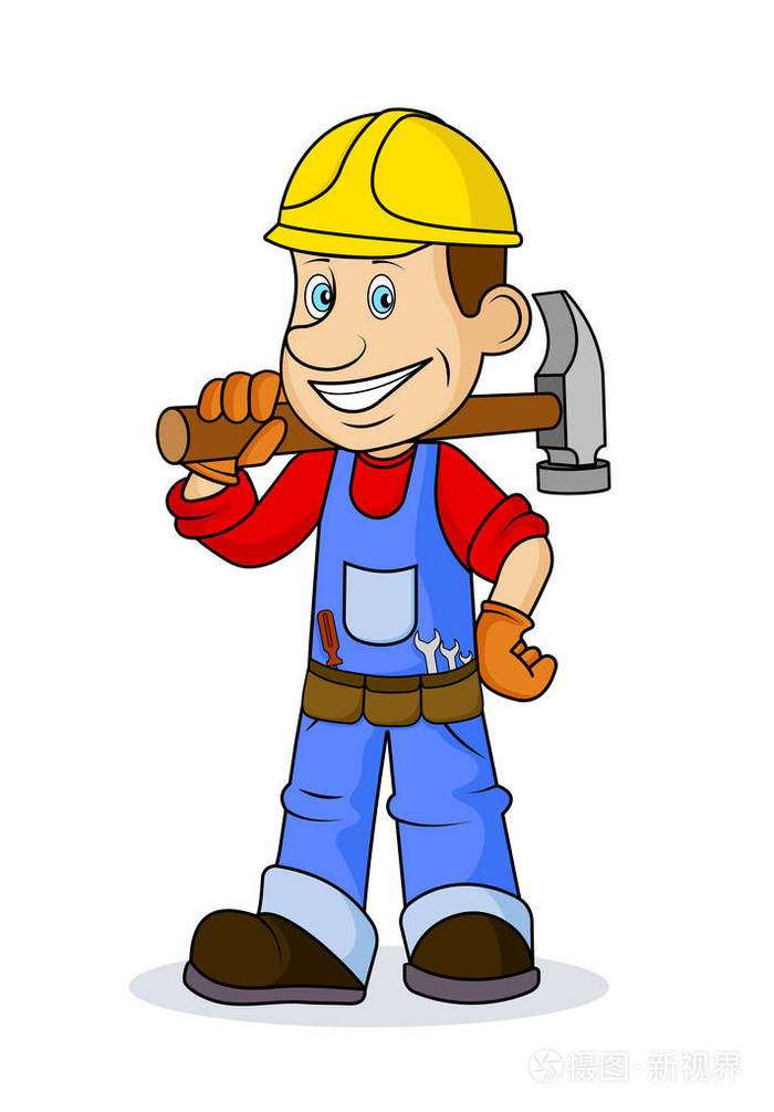 可笑的漫画开朗工人用手中的工具