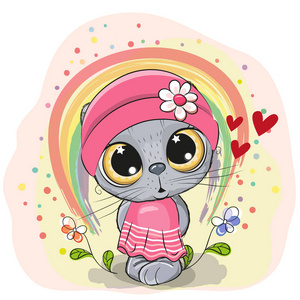 可爱的卡通猫与彩虹和花朵图片