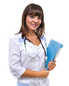 医学信号。年轻的女医生或护士与文本的副本空间