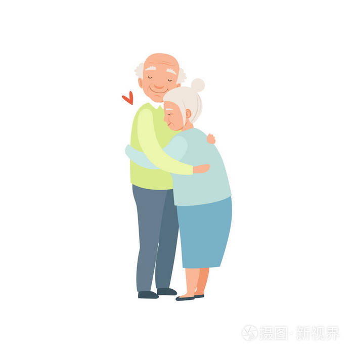 老人和女人拥抱对方与招标, 老年情侣在爱情矢量插图白色背景