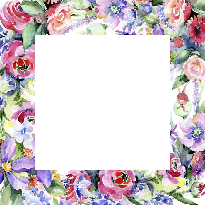 五颜六色的花束。花卉植物花。框边框装饰广场。背景质地包装图案框架或边框的水彩画野花