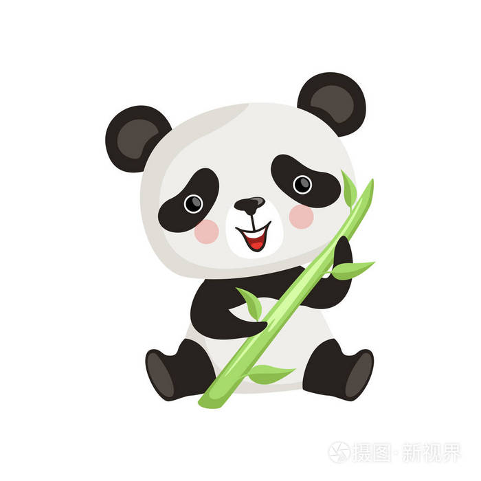 熊猫粉红色的脸颊坐在地板上, 拿着绿色的竹棒.热带动物.