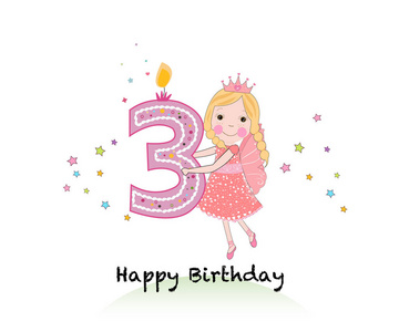快乐的治国的生日蜡烛。女孩贺卡与可爱童话抱着三个数字矢量背景