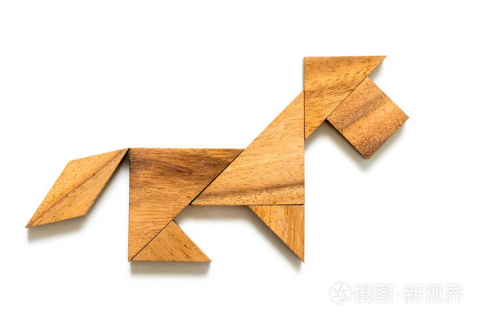 木七巧板拼图在狗或狮子形状上白色背景