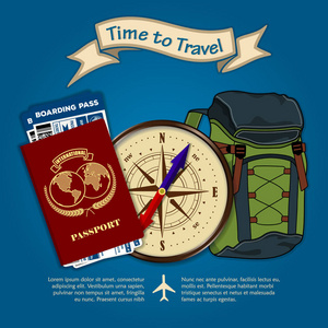旅行时间到了。背包, 国际护照, 老式指南针和登机通行证机票旅行的飞机。旅行和度假的概念。矢量插图