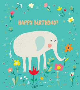 大象和鲜花   有趣的设计的孩子的生日贺卡