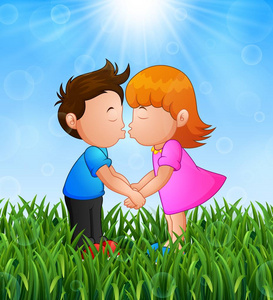 卡通小男孩和女孩接吻在草地上明媚的阳光背景