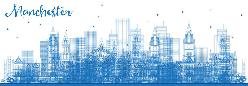 勾勒出曼彻斯特天际线与蓝色建筑。矢量插图。商务旅游和旅游理念与现代建筑。曼彻斯特城市景观与地标