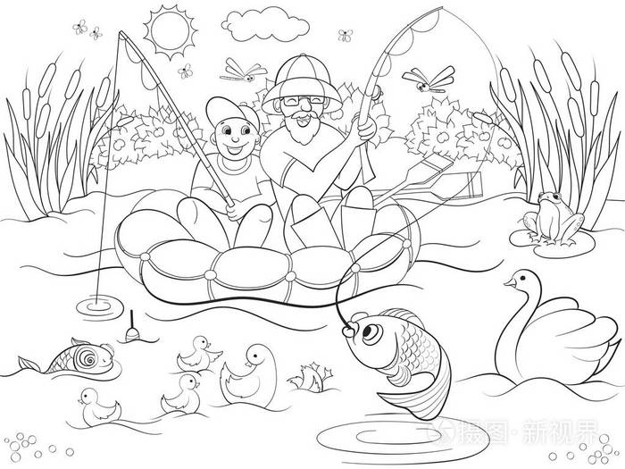 捕鱼的父亲和儿子河畔着色的儿童卡通矢量图插画-正版商用图片0pf57k