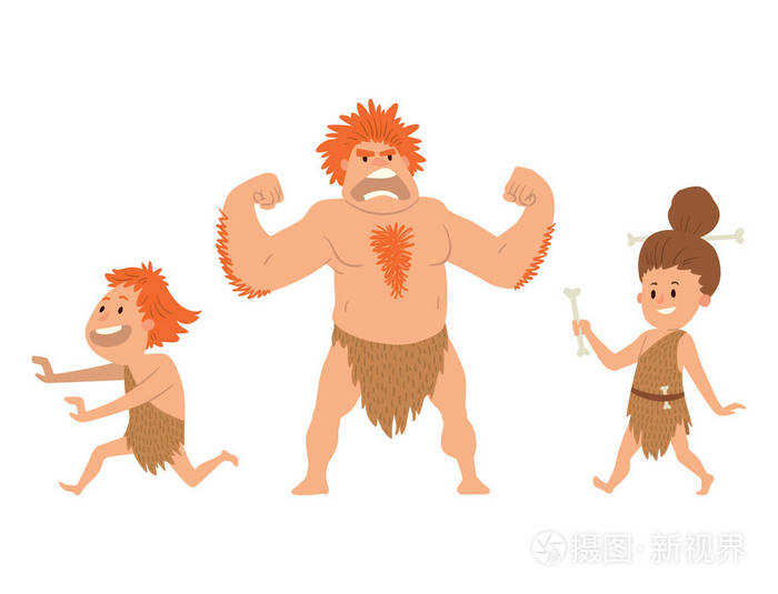 穴居人原始石器时代卡通尼安德塔人人物进化矢量图