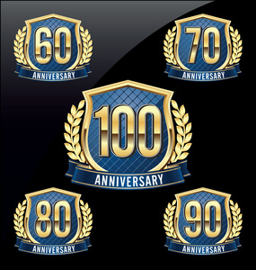 周年纪念徽章金黄色 蓝色的 60 70 80 90 100 年庆典
