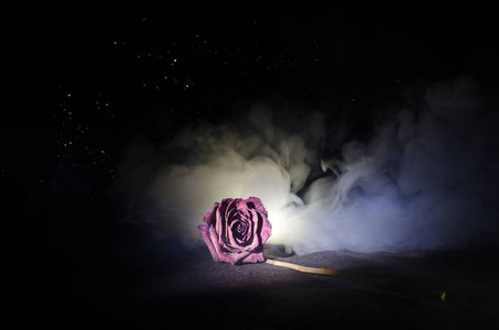 萎蔫的玫瑰象征着失去的爱情, 离婚或坏的关系,在深色背景上死玫瑰