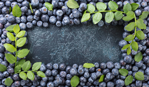 成熟和多汁新鲜采摘蓝莓特写。蓝莓背景。顶部视图