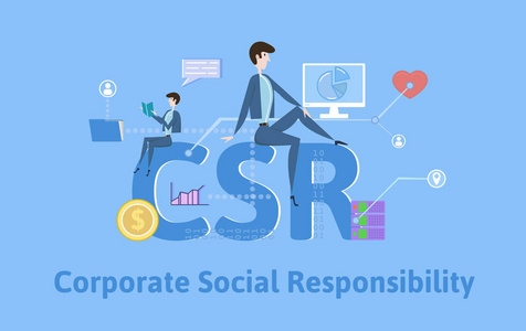 Csr, 企业社会责任。带有关键词字母和图标的概念表。蓝色背景上的彩色平面矢量插图