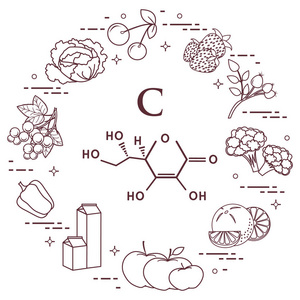 富含维生素 c 的食物樱桃, 草莓, 狗玫瑰, 花椰菜, 橙, 苹果, 牛奶, 乳制品, 甜椒, 黑醋栗, 卷心菜