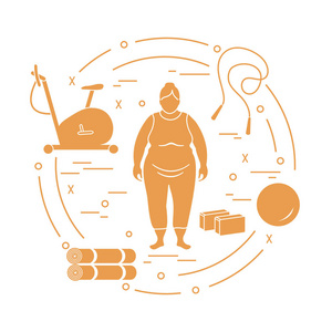 胖女人和不同的运动器材。健康的生活方式。运动自行车, 跳绳, fitball, 瑜伽砖和垫子