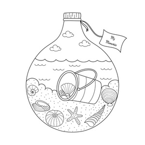手绘贝壳贝壳和海在瓶着色书为和孩子.矢量插图.手绘.涂鸦风格插画