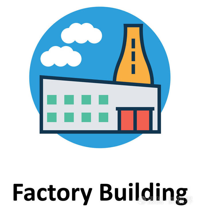 带轮廓矢量图标的工厂建筑线条和填充颜色