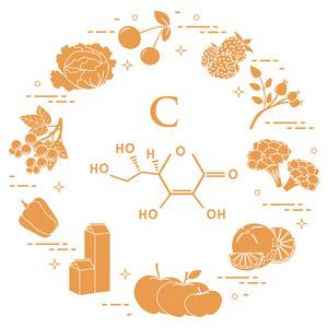富含维生素 c 的食物樱桃, 草莓, 狗玫瑰, 花椰菜, 橙, 苹果, 牛奶, 乳制品, 甜椒, 黑醋栗, 卷心菜
