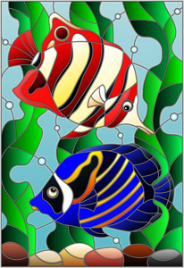 水和藻类背景下的一对亮鱼彩色玻璃风格插图