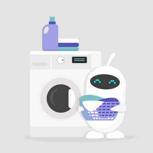 可爱的白色机器人拿着一个洗衣篮。聪明的家。自助 洗衣店。洗涤剂。日常琐事的概念。平面可编辑矢量插图, 剪贴画