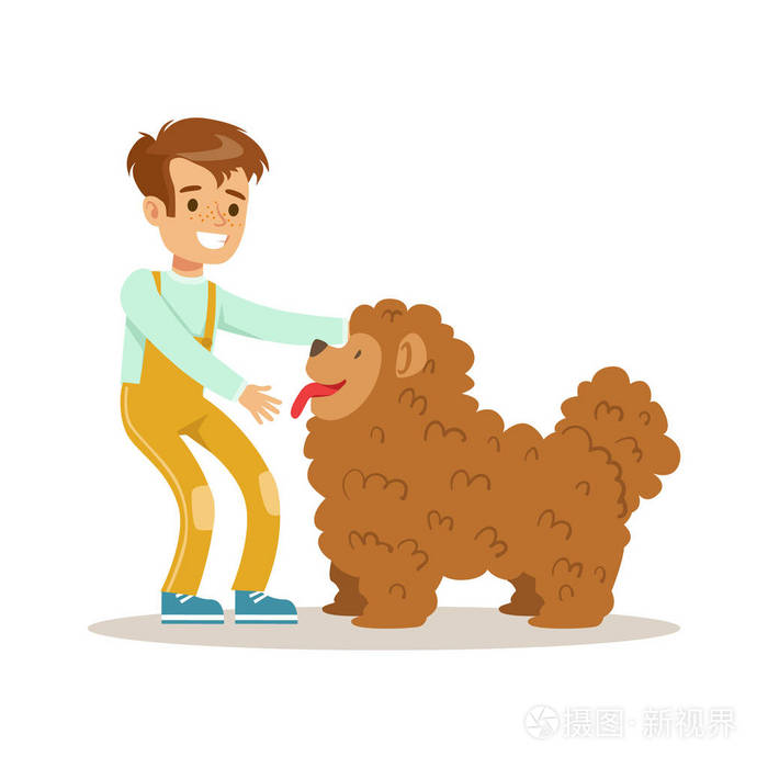 可爱的快乐的男孩,抚摸他毛茸茸的狗.姹紫嫣红的卡通人物矢量图