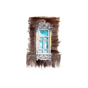 装饰的窗户和古董木雕 platbands 和百叶窗水彩素描