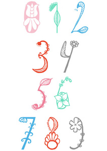 可爱的手画数字在花 stylein 向量。在0到9之间涂鸦数学元素。孤立字符