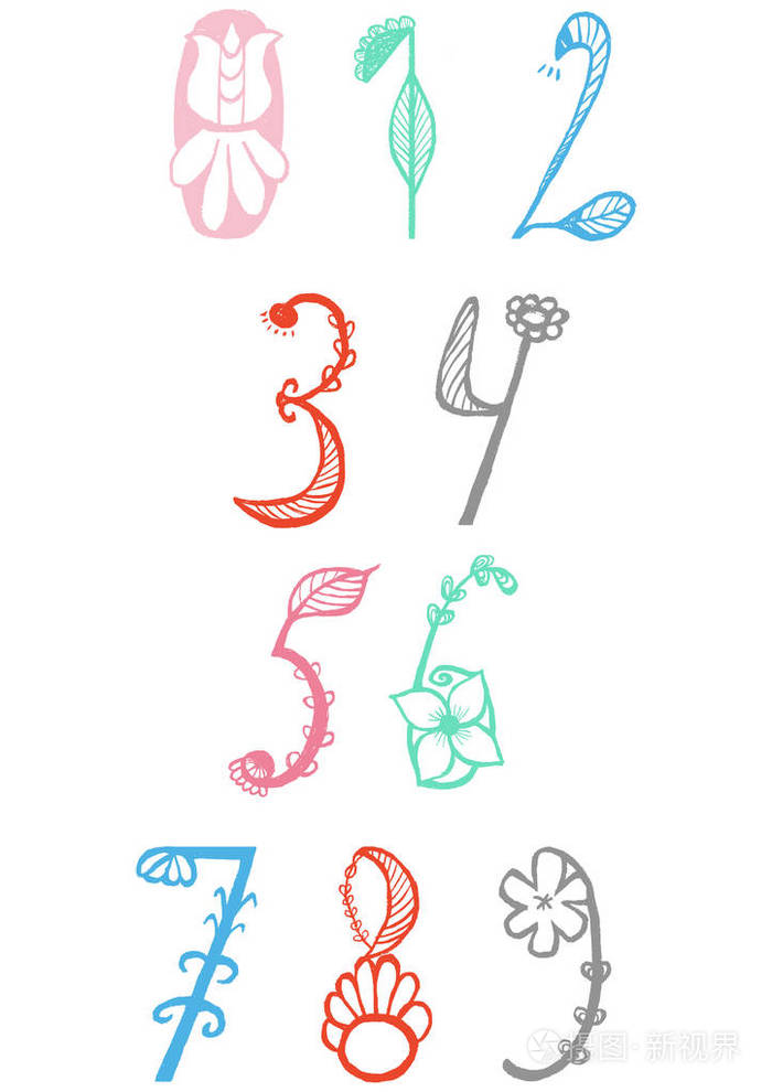 可爱的手画数字在花 stylein 向量.在0到9之间涂鸦数学元素.孤立字符