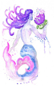 手绘梦幻般的水下生物美人鱼, 水彩插图
