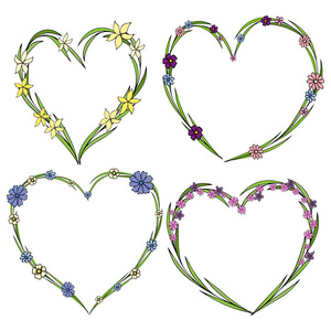 一套四朵美丽的花环, 形状为一颗心.花叶鲜花收藏精美照片