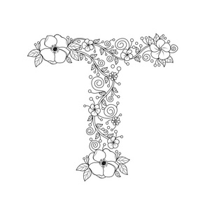 花卉字母 t 着色书成人.矢量插图.手绘.涂鸦风格照片