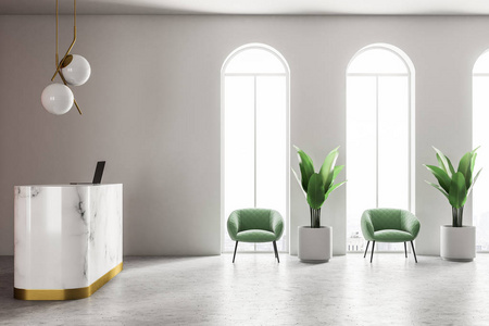 大理石招待会与一台计算机在它站立在一个现代公司办公室与白色墙壁植物和一盏圆的天花板灯。侧面视图。3d 渲染模拟