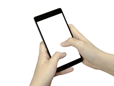 一只手用手指拿着黑色的手机与孤立的白色背景上的白色屏幕的特写视图