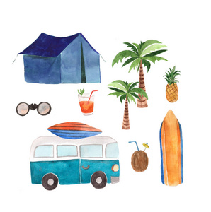 水彩手绘集夏季元素 帐篷, 冲浪板, 巴士和热带棕榈