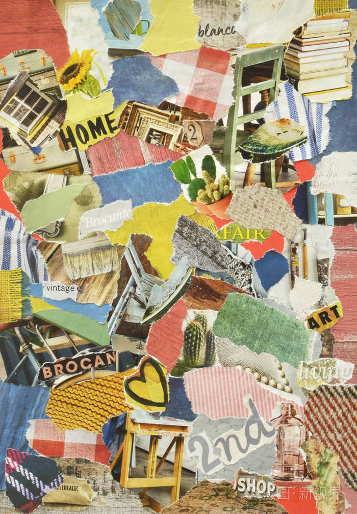 拼贴画的心情板与二手公平和飞行市场的概念, 红色和